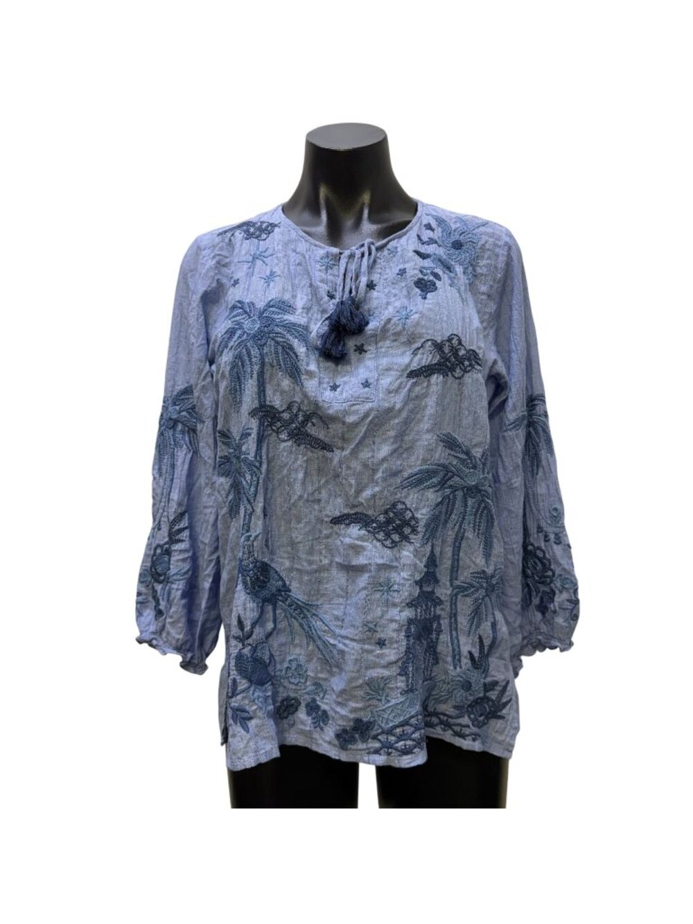 Johnny Was Blue Embroidered Cotton Blend Tassel Blouse XS